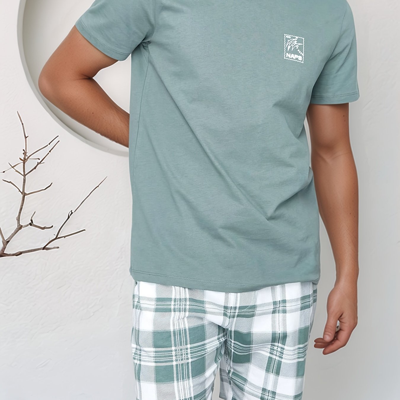 Image of Men's Fashion Casual Pajama Set For Spring, Summer, And Autumn, Plaid Print Pants, Polyester Blend, Short Sleeve And Shorts Comfortable 2pcs Pajamas