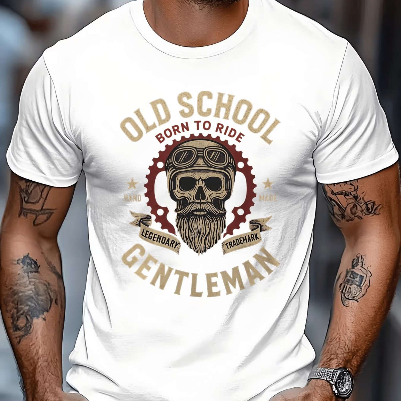 TEMU Motorcycle Themed Men's Retro Printed T-shirt, Back Skull And '' Pattern Round Neck Shirt, Casual And Versatile -shirt, Summer Fashion Outfit,