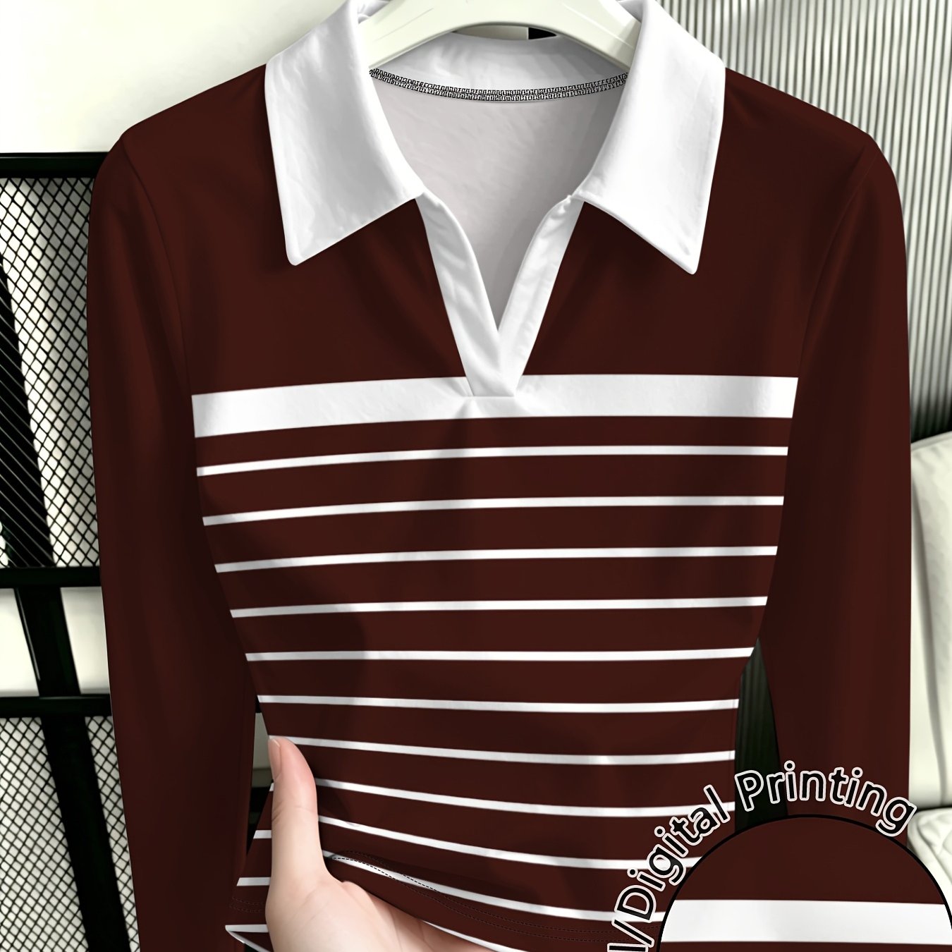 TEMU Plus Size - And White Contrast Striped Shirt Women's Spring Autumn -neck Base Layer Top