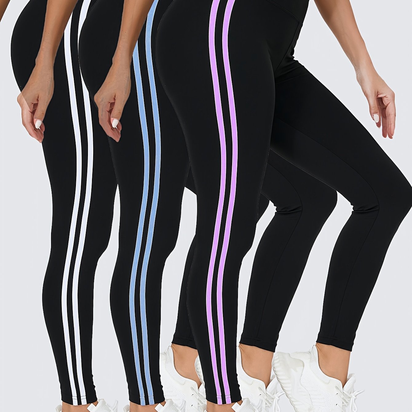 E-shop 3er-Pack Damen High-Waist Leggings mit Seitenstreifen | Hochelastisches Material, Unifarben, für und Fitnessaktivitäten