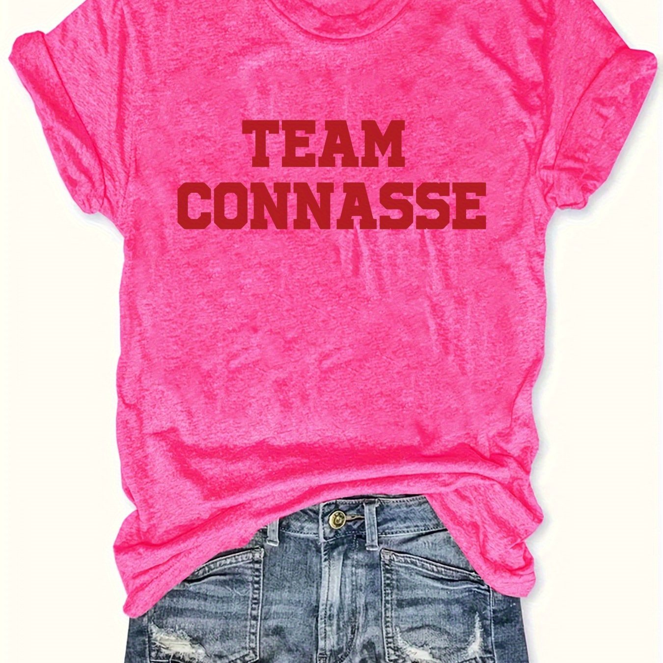 TEMU Women's Casual "team " Graphic Tee - Short Sleeve, Round Neck, Light Beige, , Tee | Graphic Tee |