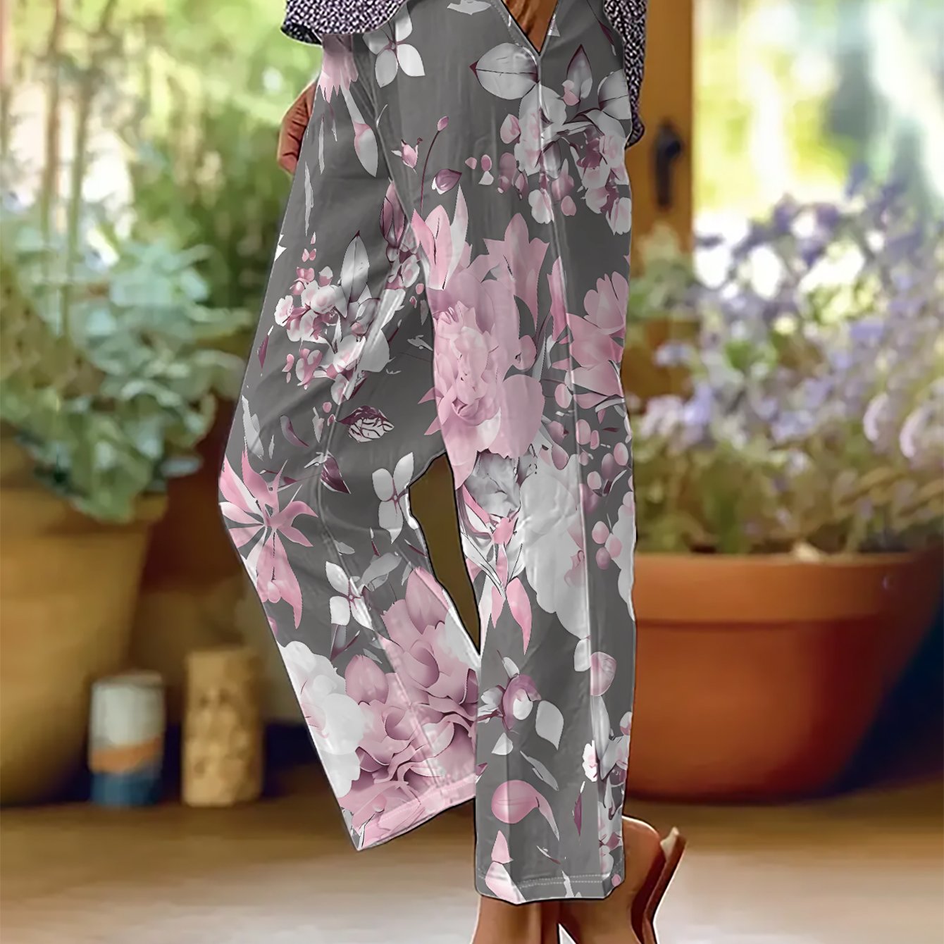 TEMU Women's Spring/autumn Straight-leg Trousers With Elastic Waist & Pink Floral Print - Machine-washable Pink Pants, Drawstring Closure, Casual