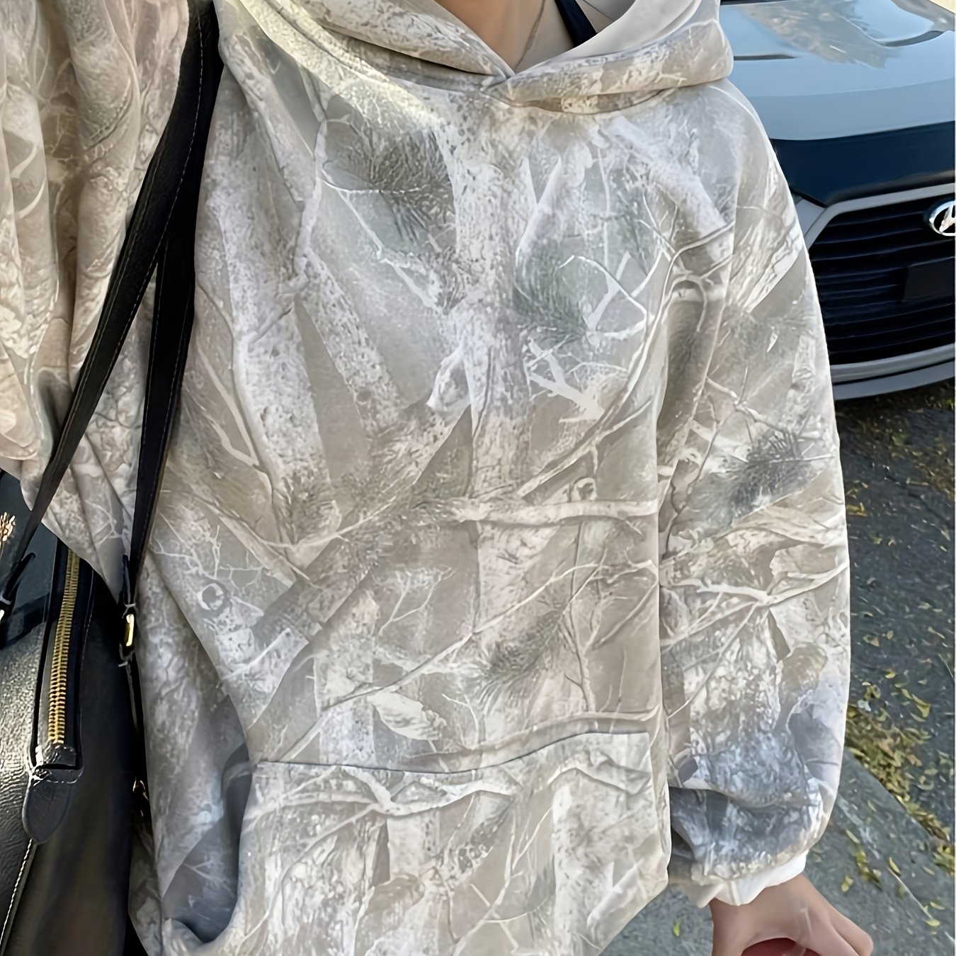 TEMU Sweat à capuche oversize toutes saisons pour femme à imprimé feuilles d'arbres des bois, pull à manches longues avec et cordon de serrage, haut