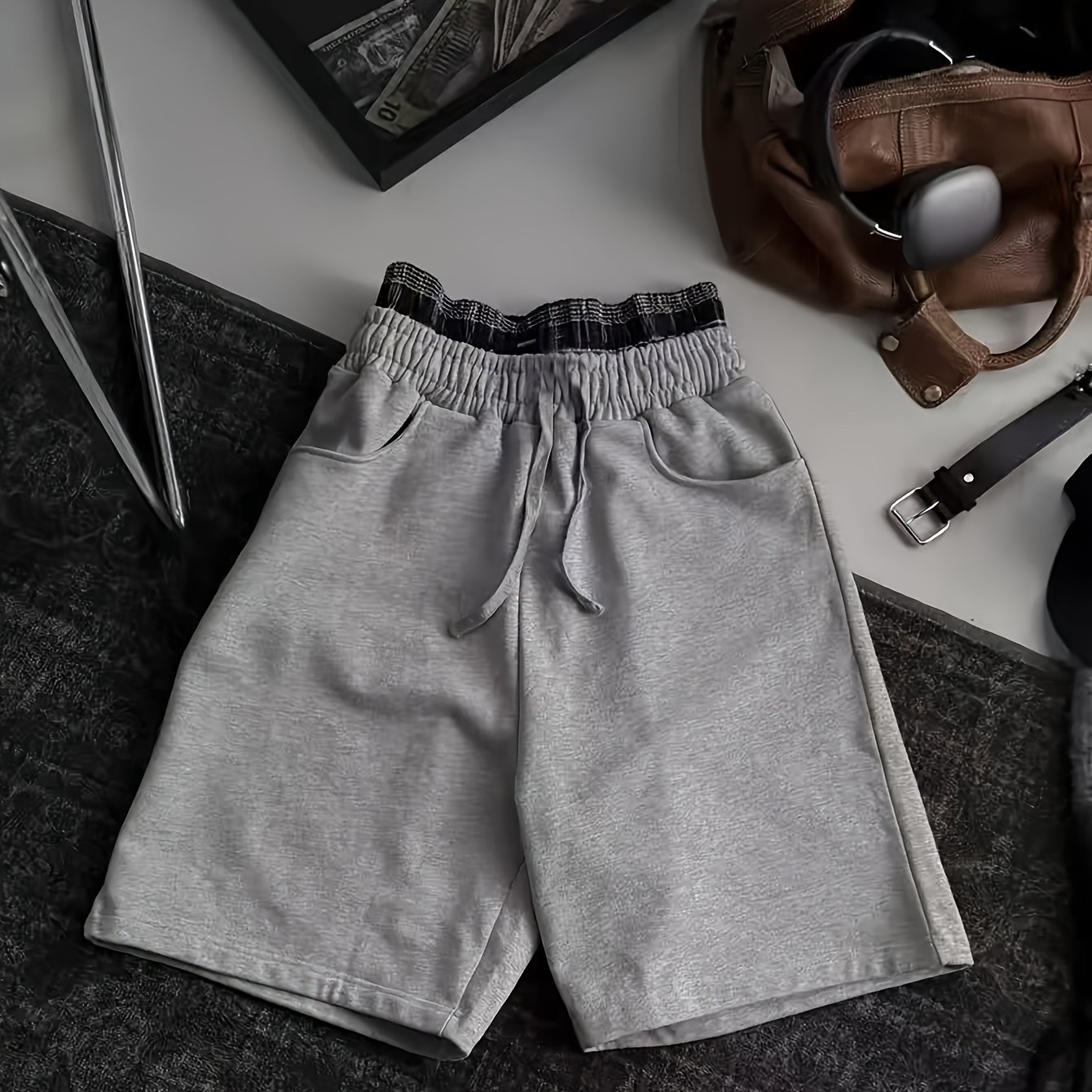 TEMU Short de sport pour homme à double ceinture, imprimé à carreaux, style tendance, pantalon décontracté, mode streetwear, look rétro