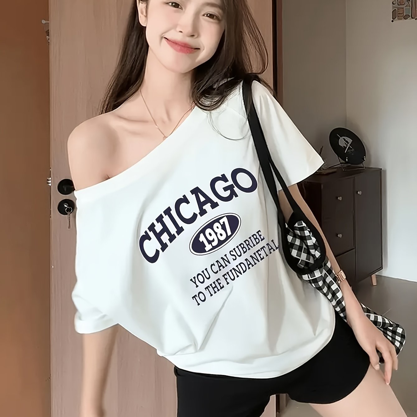 TEMU 오프숄더 여성용 반팔 탱크탑, 크루넥 루즈핏 패션 이너웨어 베이스 레이어 셔츠