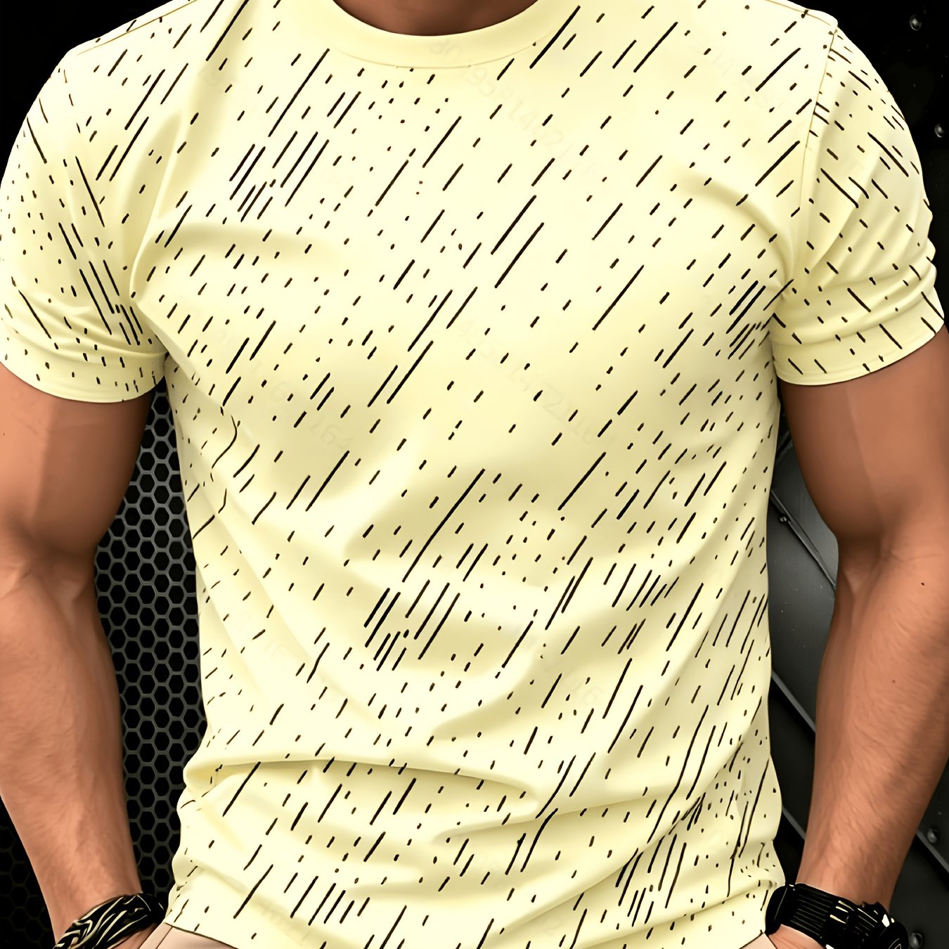 TEMU Black Twill Line Digital Printing T-shirt, Minimalist Men's Casual Short-sleeved Shirt, Versatile Commuter Men's Short-sleeved T-shirt, Cool And