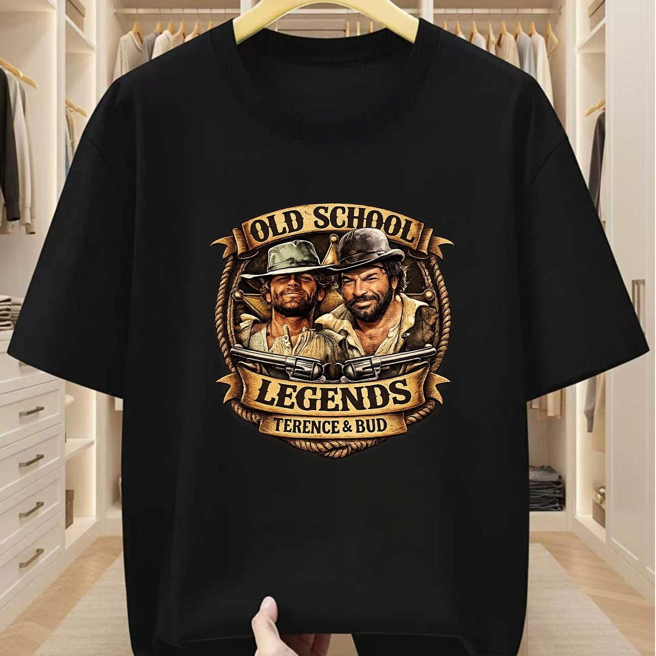 TEMU Plus Size Men's T-shirt With Old School Terence & Bud Graphic Print Comfortable Casual Short-sleeve T-shirt For Summer, Plus Size Outdoor Casual
