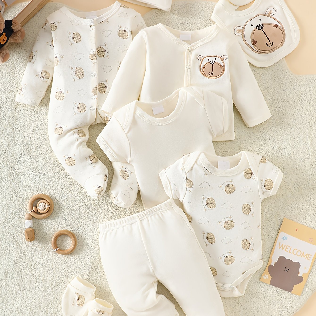 8pcs Newborn Baby Set with Hat and Bib, Cartoon Pattern