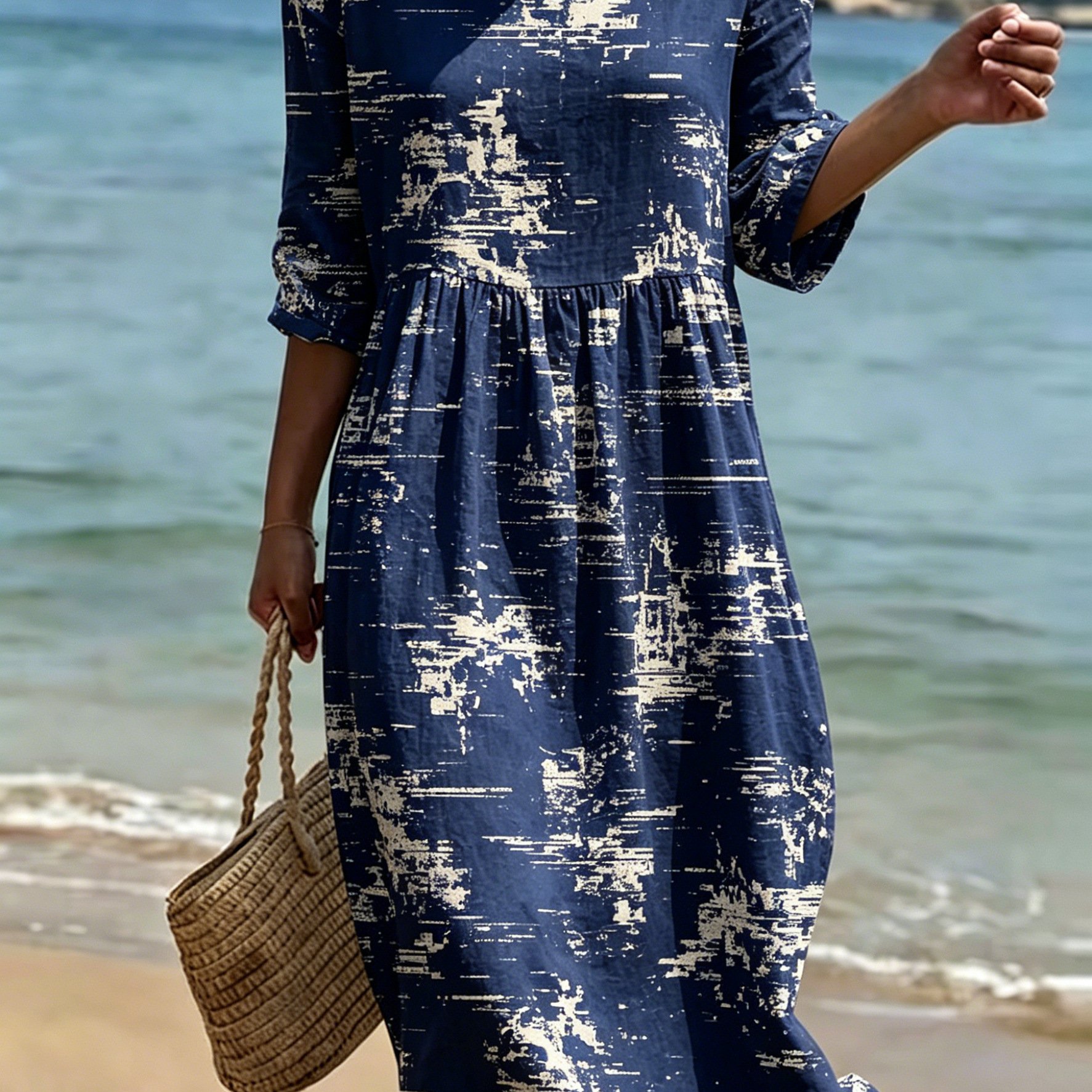 Navy Vintage Distressed Abstract Texture Print Round Neck -sleeve Dress, -friendly Loose Figure-flattering Midi Dress, Literary Casual Women's Dress Beach Vacation, Travel And Daily