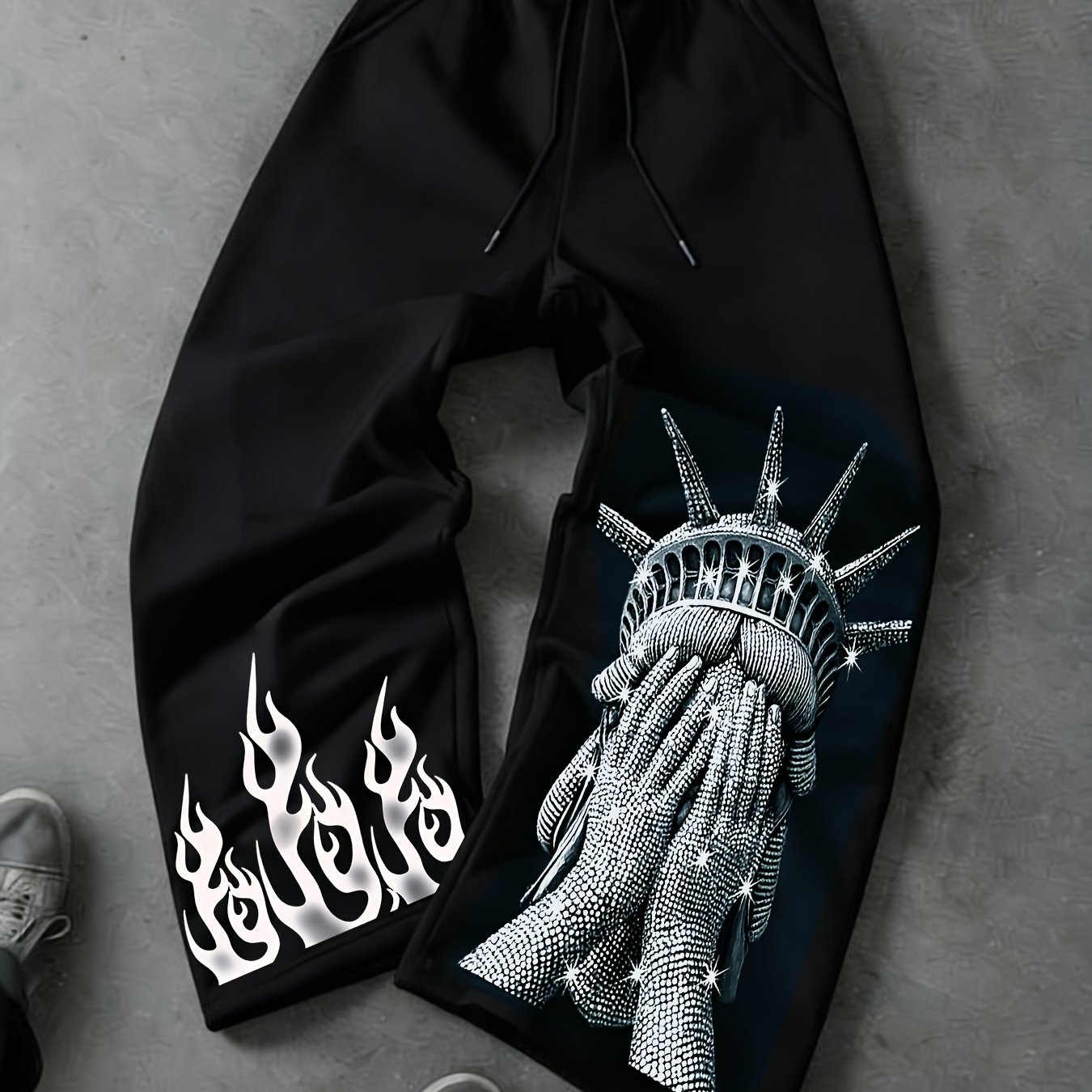 TEMU Men's Casual Sports Long Pants Featuring A & Flame Pattern Print, With Drawstring Wide-leg Design, Suitable For Casual Wear