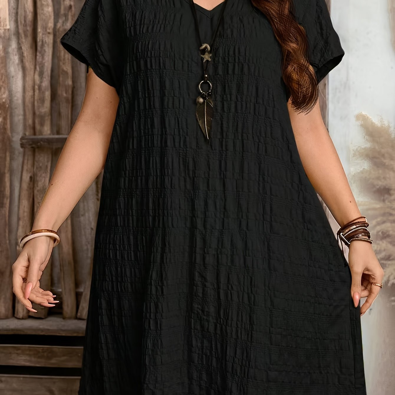 TEMU Plus Size, Middle Eastern Plus Size Single-piece V-neck Solid Color Fashionable European And American Ethnic Style Loose-fitting Short-sleeve