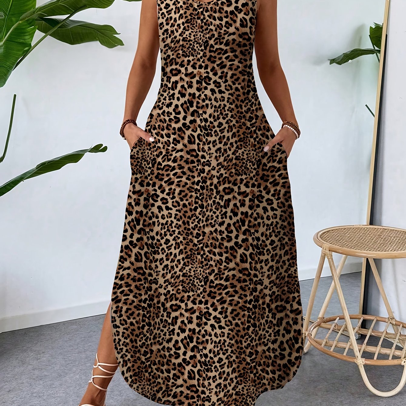 TEMU Women's Casual Vacation Elegant Dress With Asymmetrical Hem And Side Slit, Sleeveless Dress With Pocket, Geometric Lines Pattern, Outing Dress