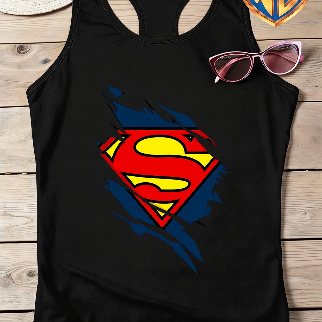 TEMU Wb Women's Official Licensed Superman Torn Tank Top - Y2k Neck Summer Blouse, Non- Suitable For , Vacation & Date Outfits, Machine Washable