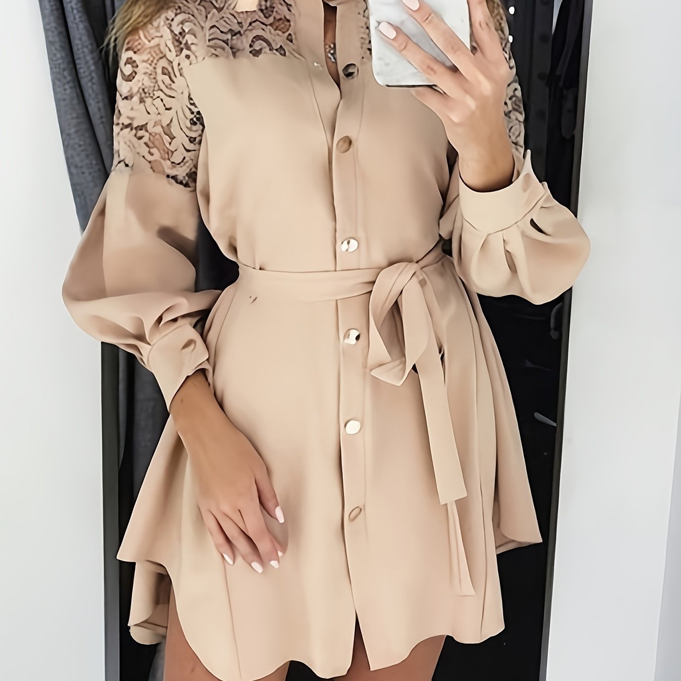 Long-sleeved Lace Dress With Waist Tie
