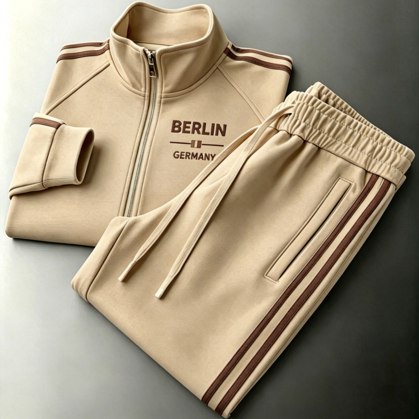 Image of Men's Khaki With Berlin Germany Letter Print Tracksuit Stand Collar Zip-up Jacket And Elastic Waist Pants Plus Size Options For Spring And Autumn Casual Wear