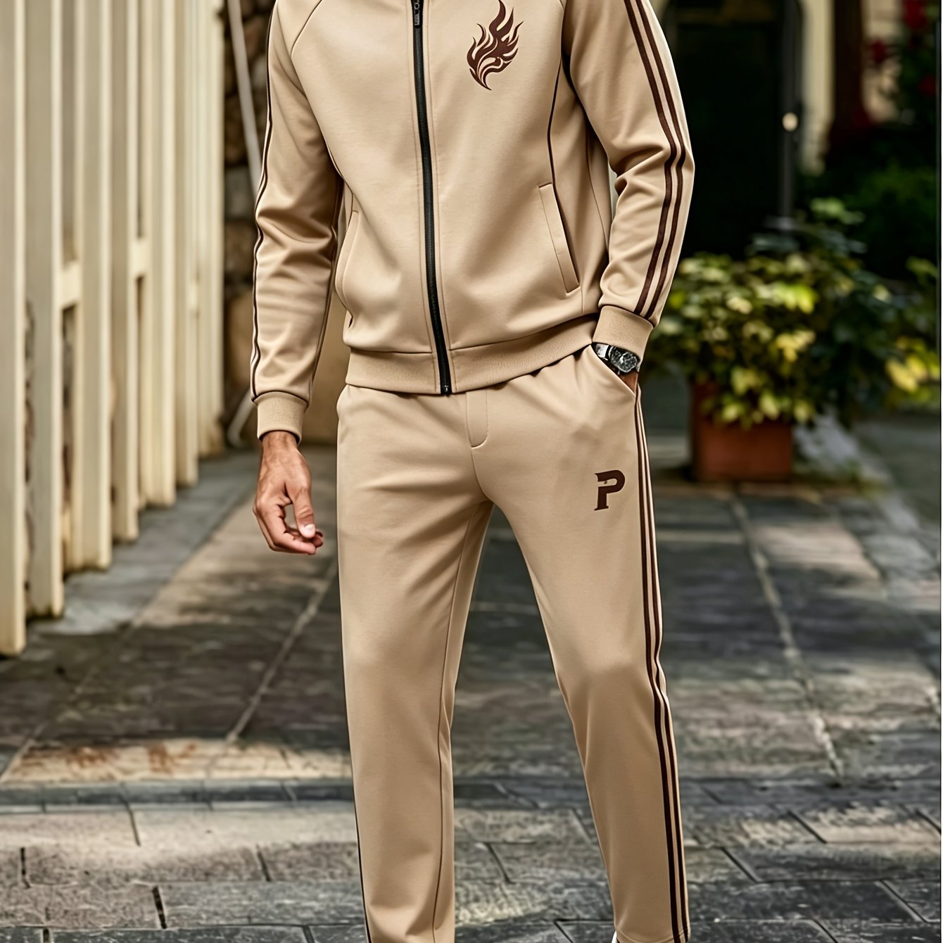 Men's Polyester Stand Collar Cardigan Set Casual Sports Khaki 2pcs Outfit With Dark Brown Side Stripes
