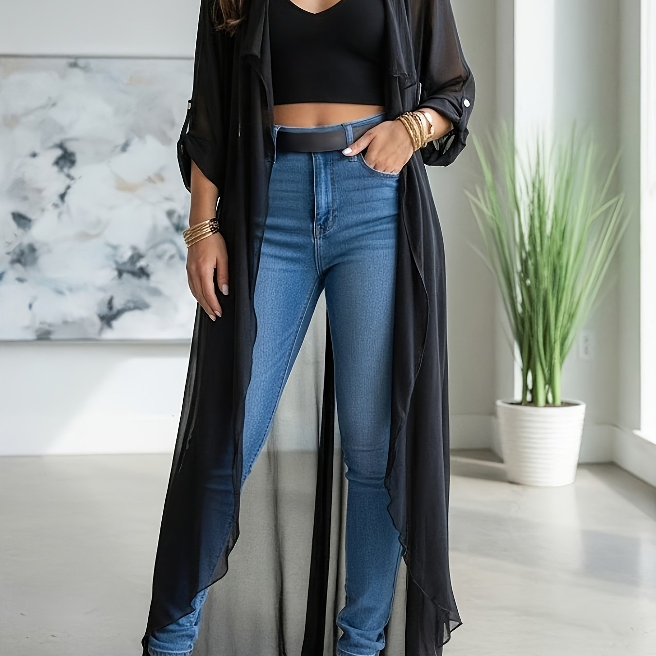 E-shop Elegante Chiffon Cardigan | Leicht, halbtransparent, Langarm, Frühlings-/Sommerurlaub Strandjacke