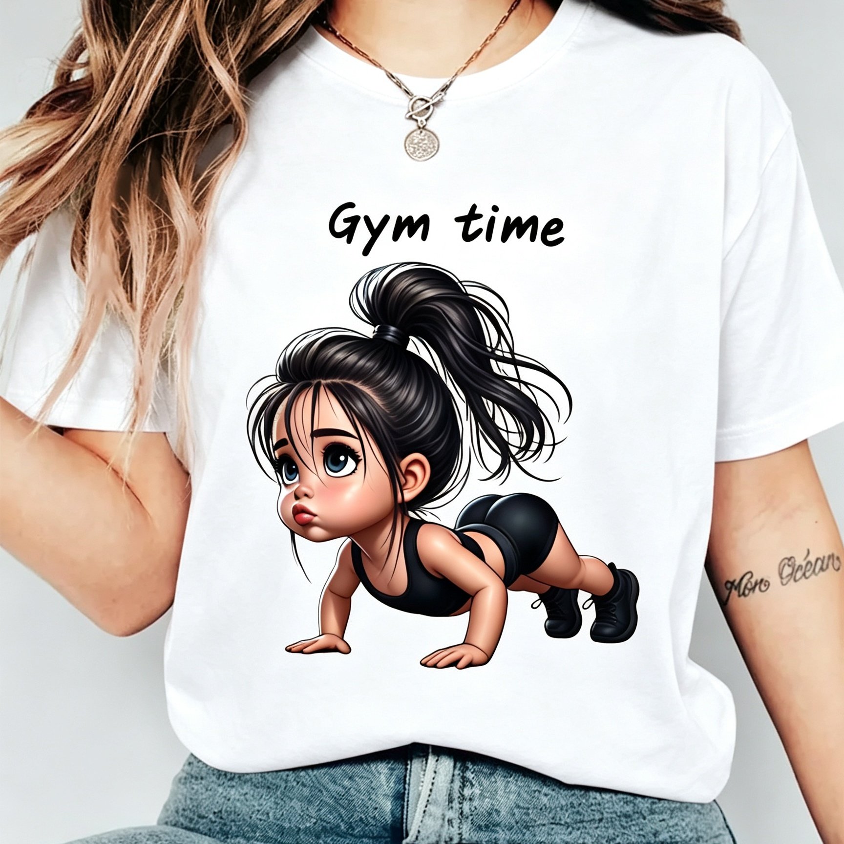 Image of 2026 New Women And Men's Time High Ponytail Push-ups Cartoon Round Neck Short Sleeve T-shirt, Casual Versatile Top