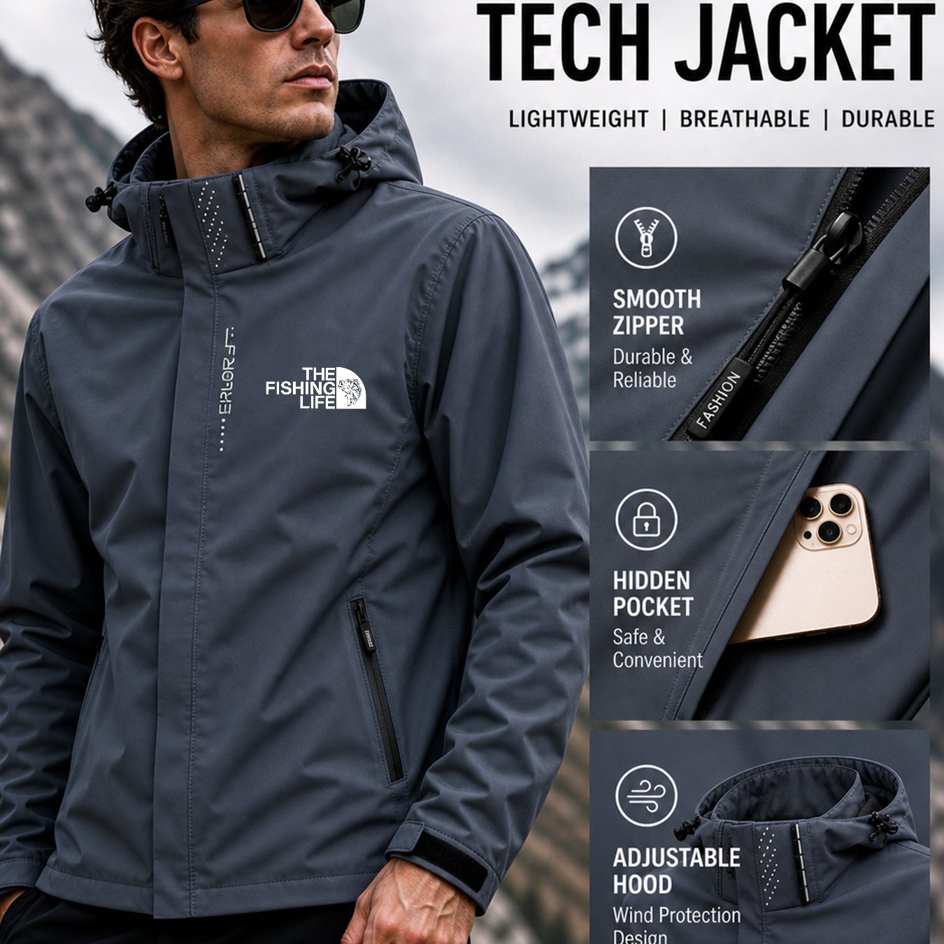 TEMU Men's Spring/autumn Sports Hooded Jacket: Unique " Life" Print Showcasing, Multi-pocket Convenient Storage, Ideal Companion For Outdoor