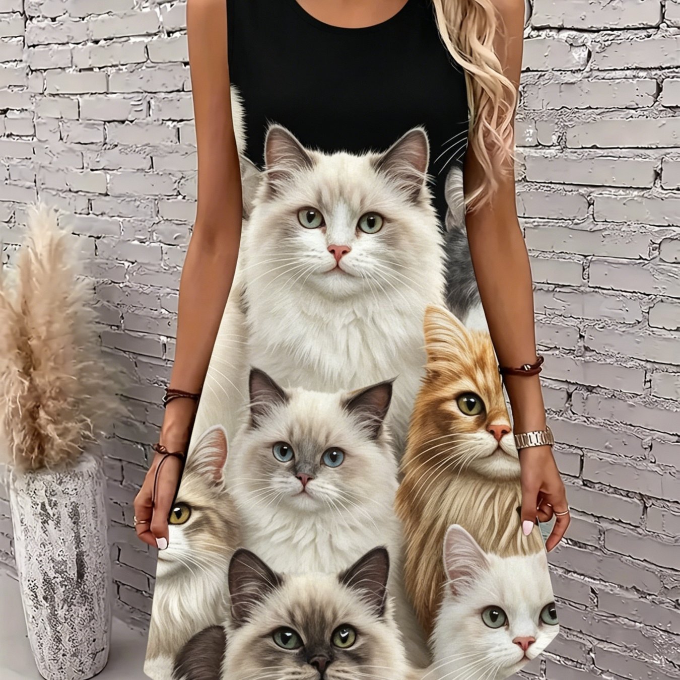 TEMU New Dress - A Women's Spring/summer New Cute Cat Ragdoll Cat Sleeveless Round Neck Dress, Small Animal Pattern Skirt Casual And Covering Meat -
