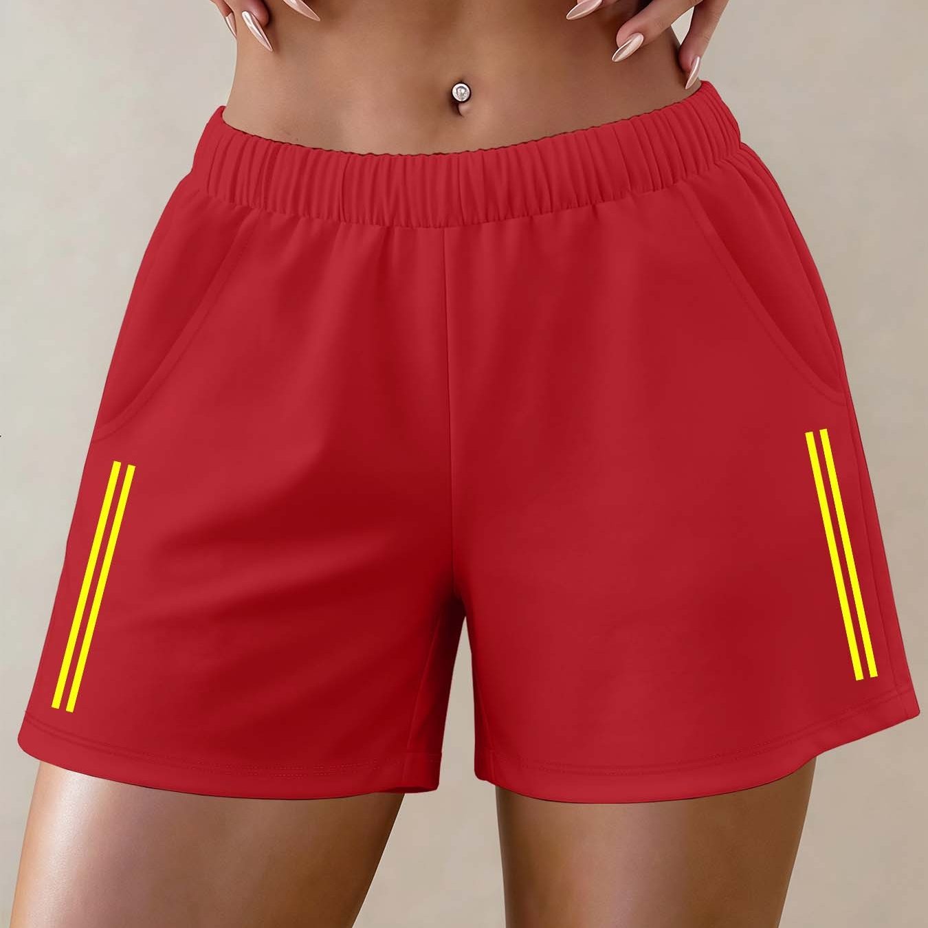TEMU 2026 Spring/summer New Women' Y Yellow Striped Print Casual Streetwear Comfortable Elastic Waist Shorts With Side Pockets To Lengthen Legs