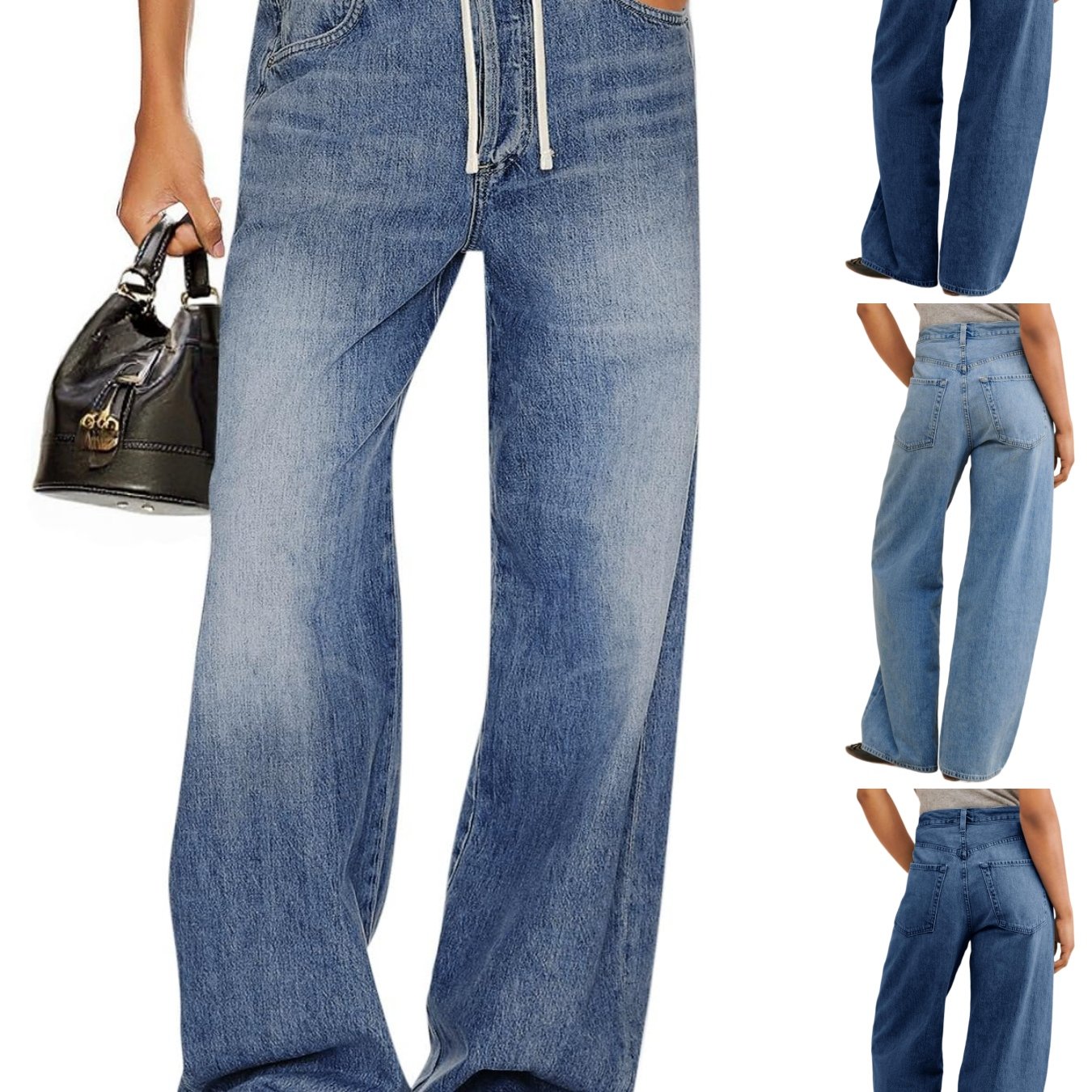 Women's Wide Leg Jeans Drawstring High Waisted Baggy Straight Leg Jeans Trendy Denim Pants With Pockets