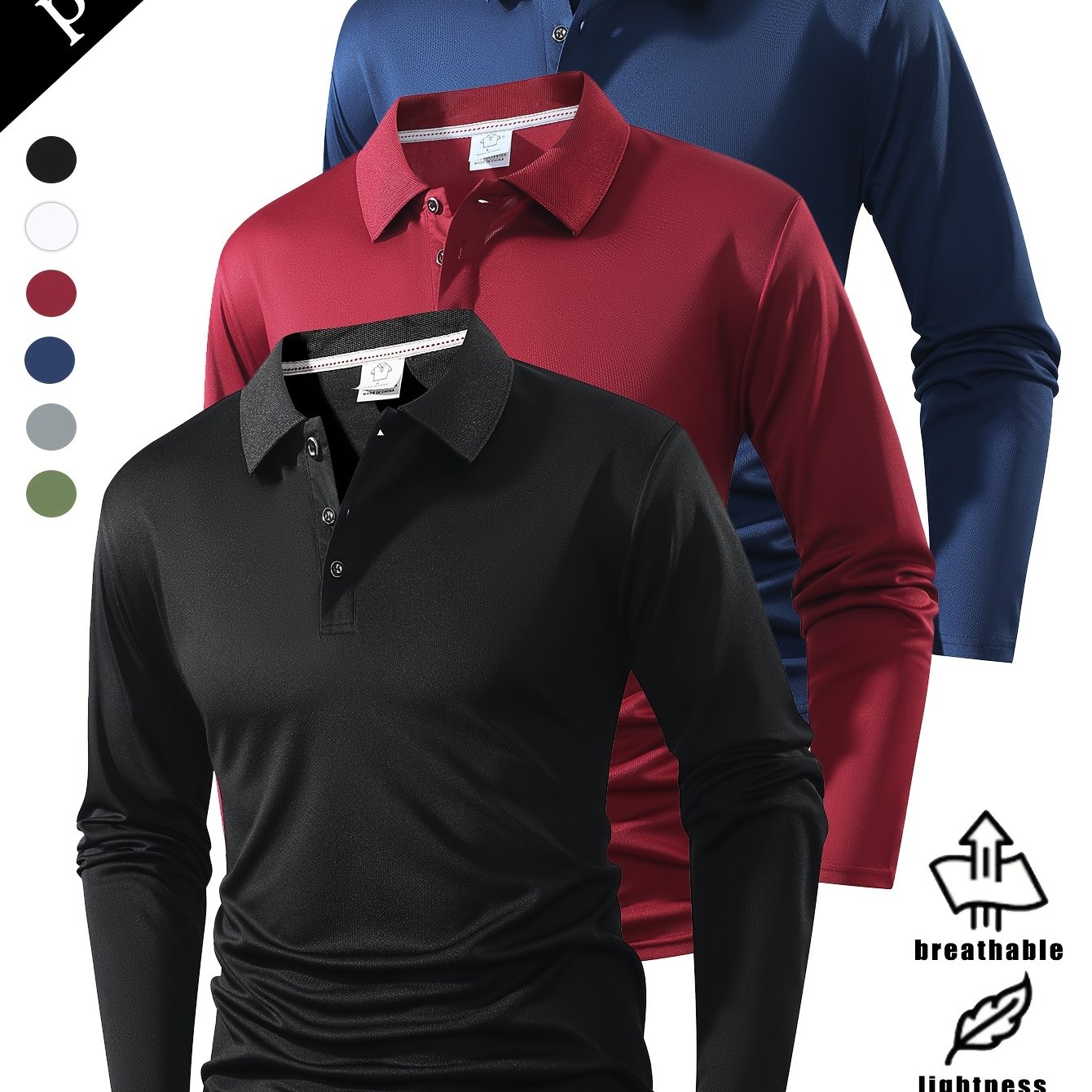 TEMU Top de larga con cuello POLO, y de para y otoño, para hombre, elegante, fácil y versátil, diseño de color liso, deportivo y casual multicolor