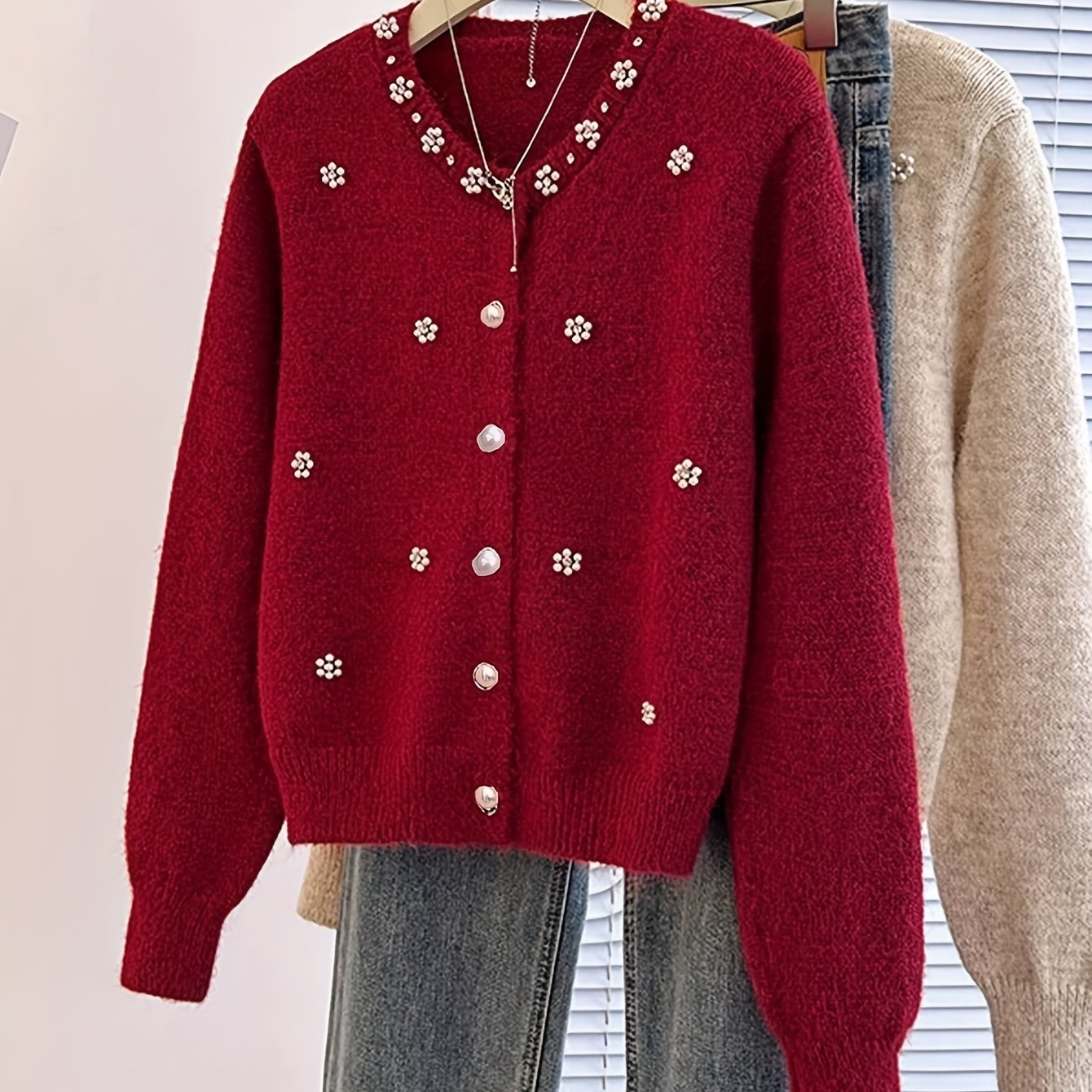 TEMU Western Autumn Winter New Women's Fashion Heavy Beaded Button-up Cardigan Sweater Coat