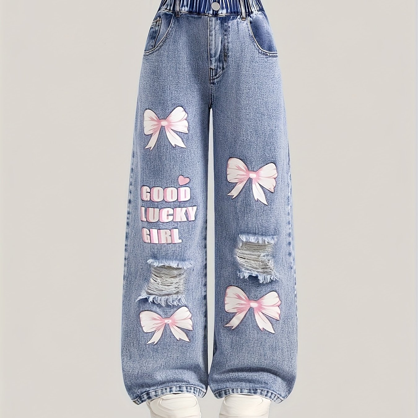 Image of Cute Bow-decorated Denim For Girls, Loose Straight Wash Distressed Style, Soft And Skin-friendly Non-tight Fit, Suitable For Spring Autumn Winter Outfits