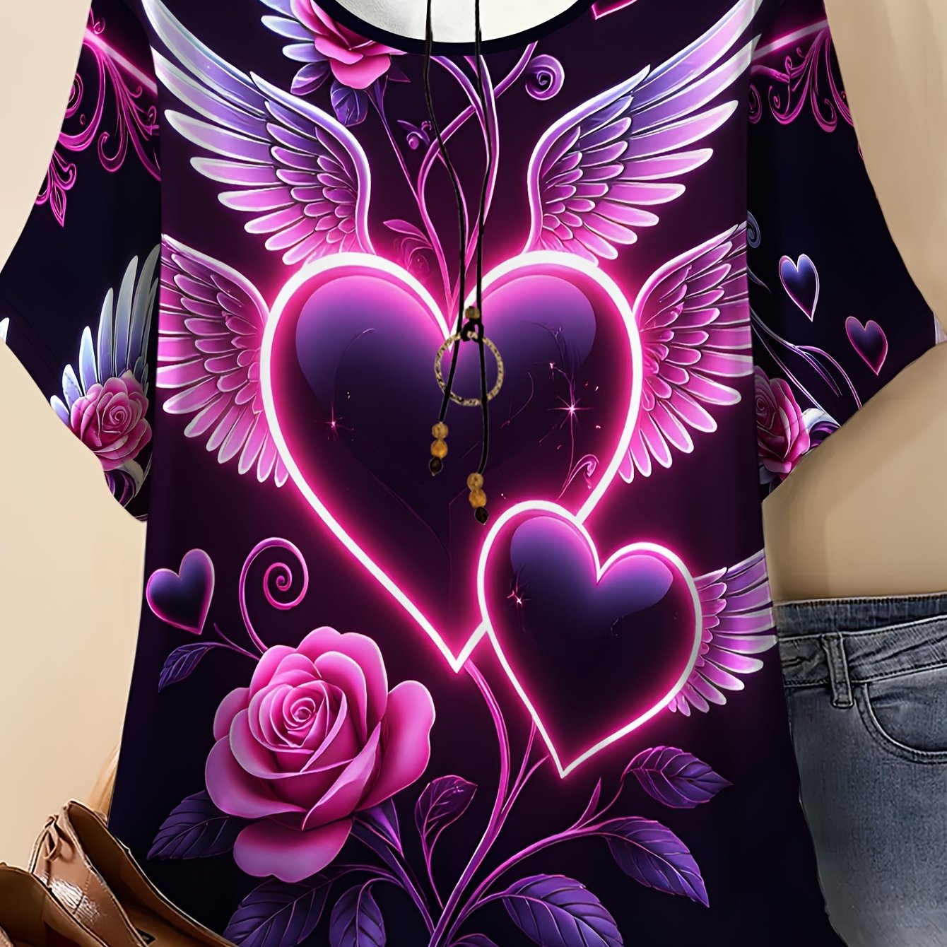 TEMU Women's Plus Size Oversized Heart Wing Print T-shirt - Pink- Short Sleeve Top, Loose Fit Round Neck Summer Tee Suitable For Spring Summer Fall