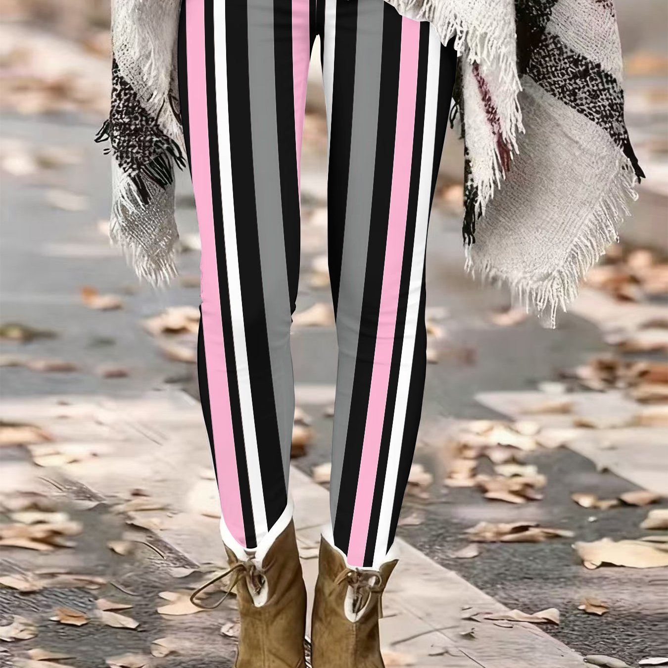 TEMU Everyday Casual Versatile Leggings With Pink, Black, White, And Gray Vertical Striped Prints. Stretchy, Comfortable, And Skin-friendly, Suitable