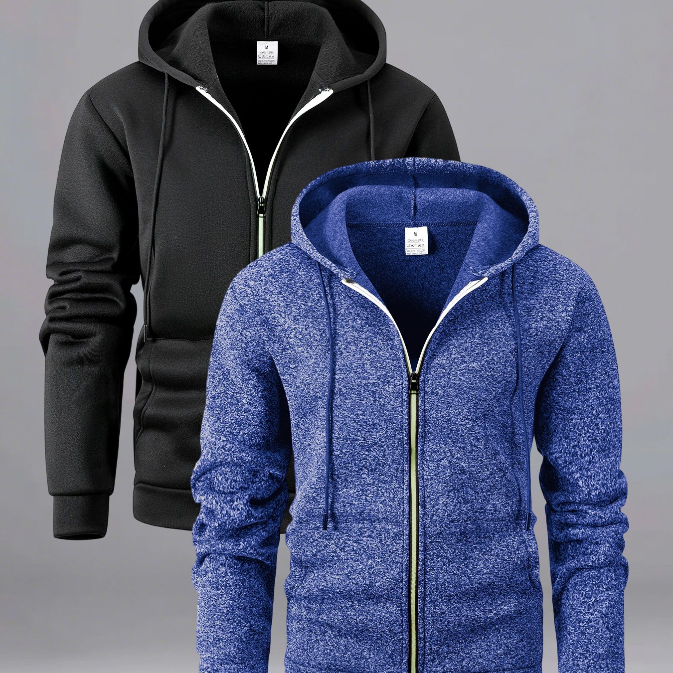 TEMU Set Of 2 - Men's High-quality Warm Fleece Hooded Jacket, Solid Color Stylish Casual Outerwear, Featuring Pockets And A Gradient Zipper Front,