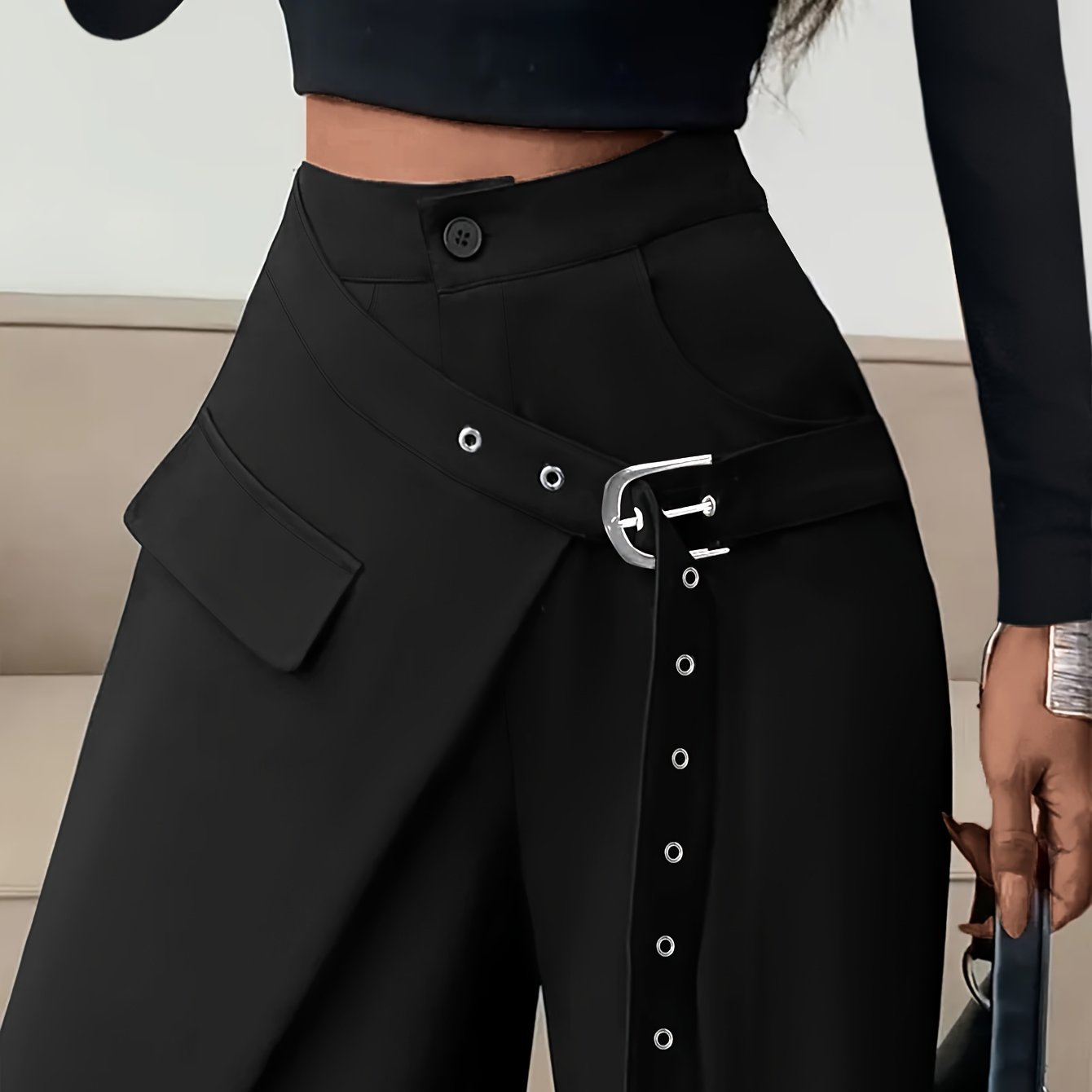 E-shop Weite Hosen mit asymmetrischer Schrägtasche & diagonaler Reißverschluss – Gürtellose High-Waist-Winterhosen, einfarbige Casual- bis elegante