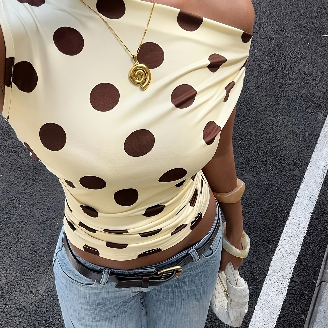 TEMU European And American Women's Fitted Polka Dot Crop Top Versatile T-shirt