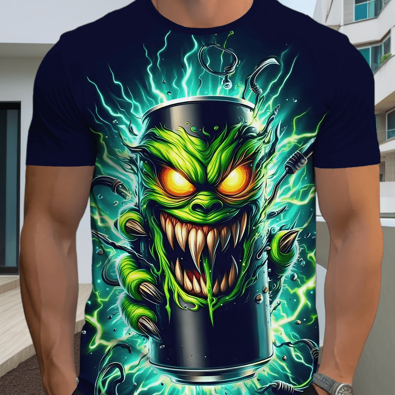 TEMU Men's Casual Fashion Short Sleeve T-shirt, Navy Base Lightning Soda Can Demon Theme 3d Full Print, Trendy Cool Individual Style, Suitable For