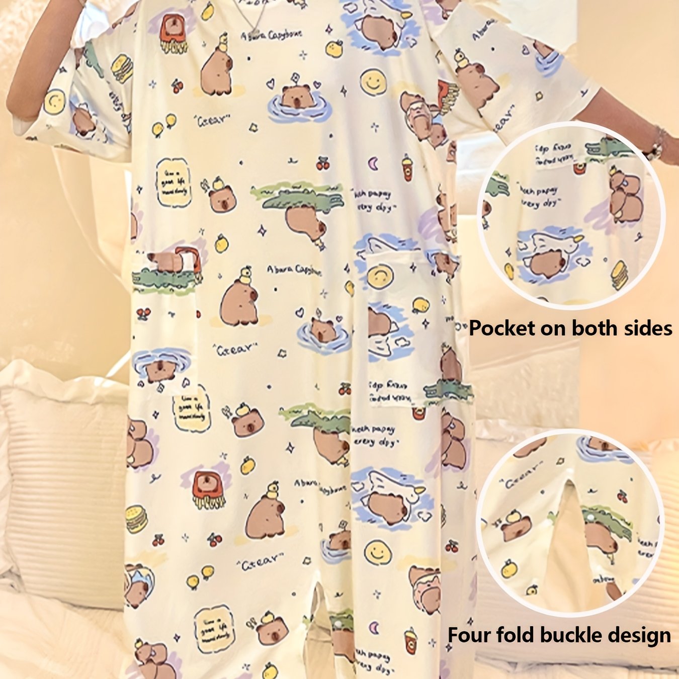 E-shop Zweifach : Als Kleid oder Jumpsuit , Niedliches Cartoon Damen Rundhals Kurzarm Jumpsuit Pyjama, Vier-Knopf-Design, mit , Lockerer Bequemer