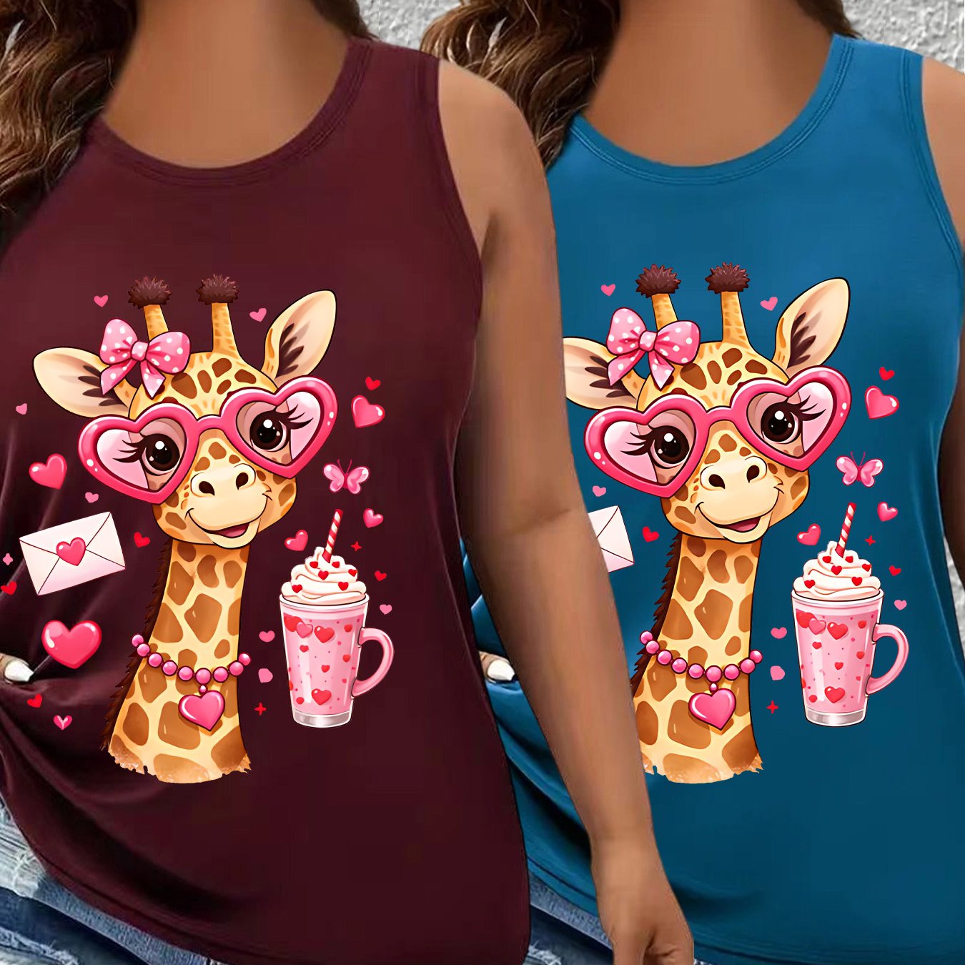 TEMU Plus Size - Hot Giraffe Pattern 2pcs Set Printed Western Plus Size -season Round Neck Tank Top