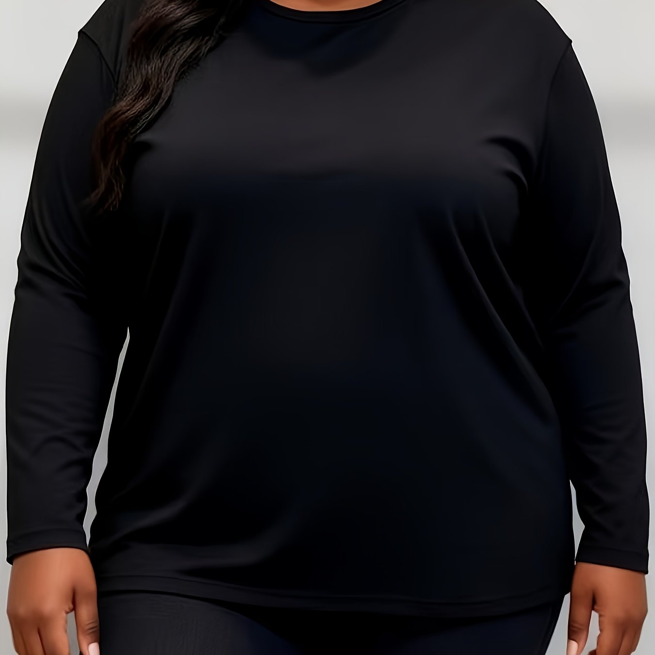 TEMU Black Long-sleeve Plus-size T-shirt For Women, Versatile Round-neck Casual Tee For Autumn And Winter