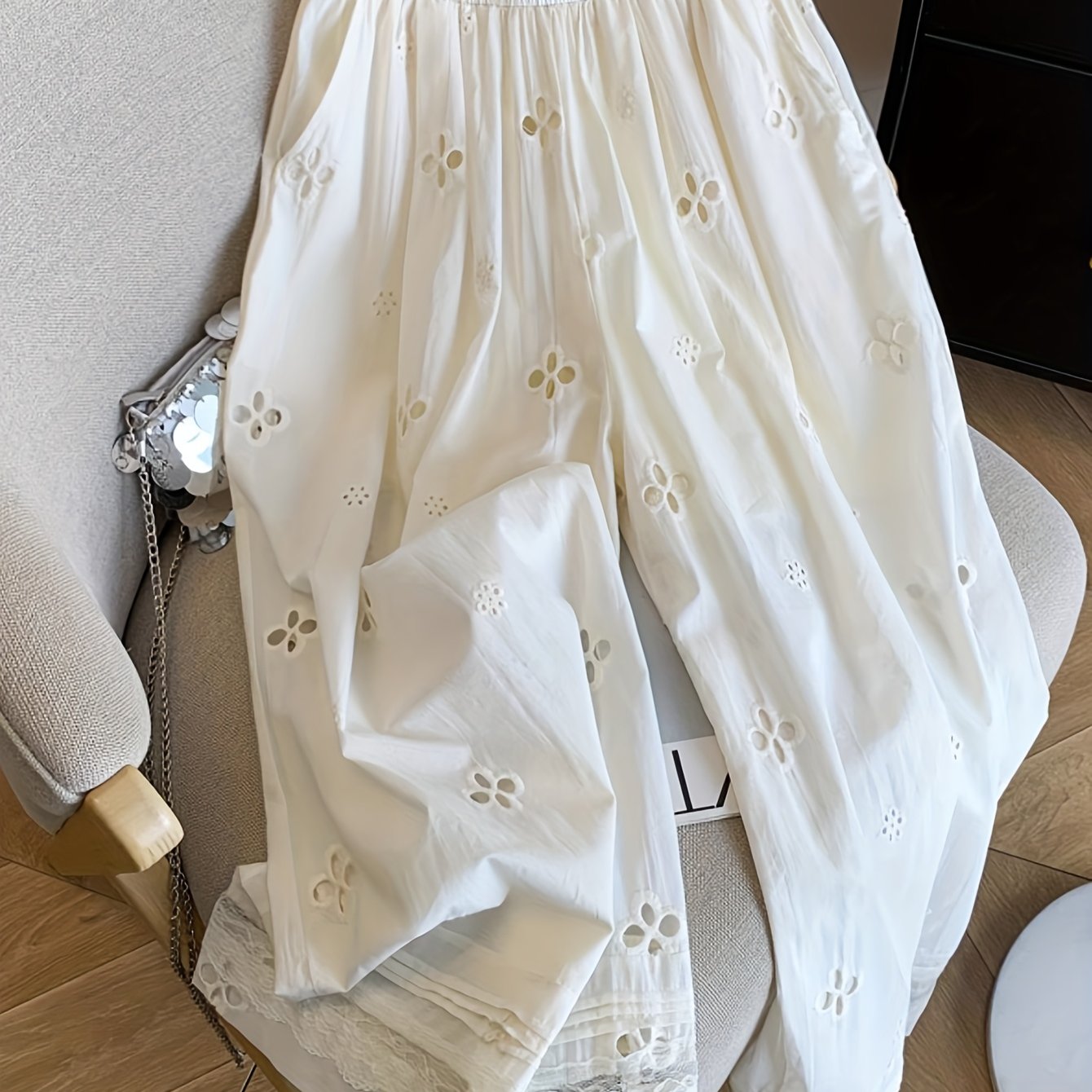 TEMU Women's - Lace Crochet Embroidery Wide Leg Casual Pants Women, New Loose Lazy Style Drape Straight Wide Leg Pants, New High Waist Straight Leg