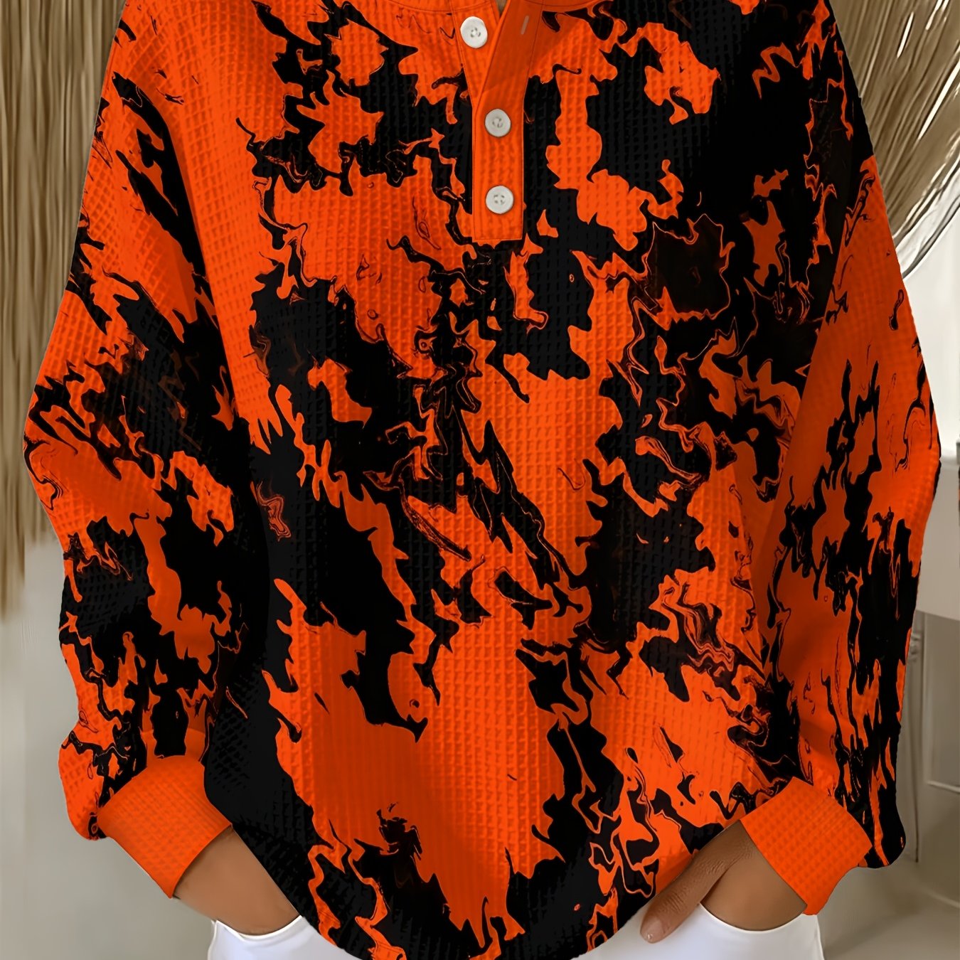 TEMU Plus Size, Plus-size Waffle Sweatshirt, Trendy And Black Marble Texture, Three-button Crewneck Long-sleeve Sweatshirt