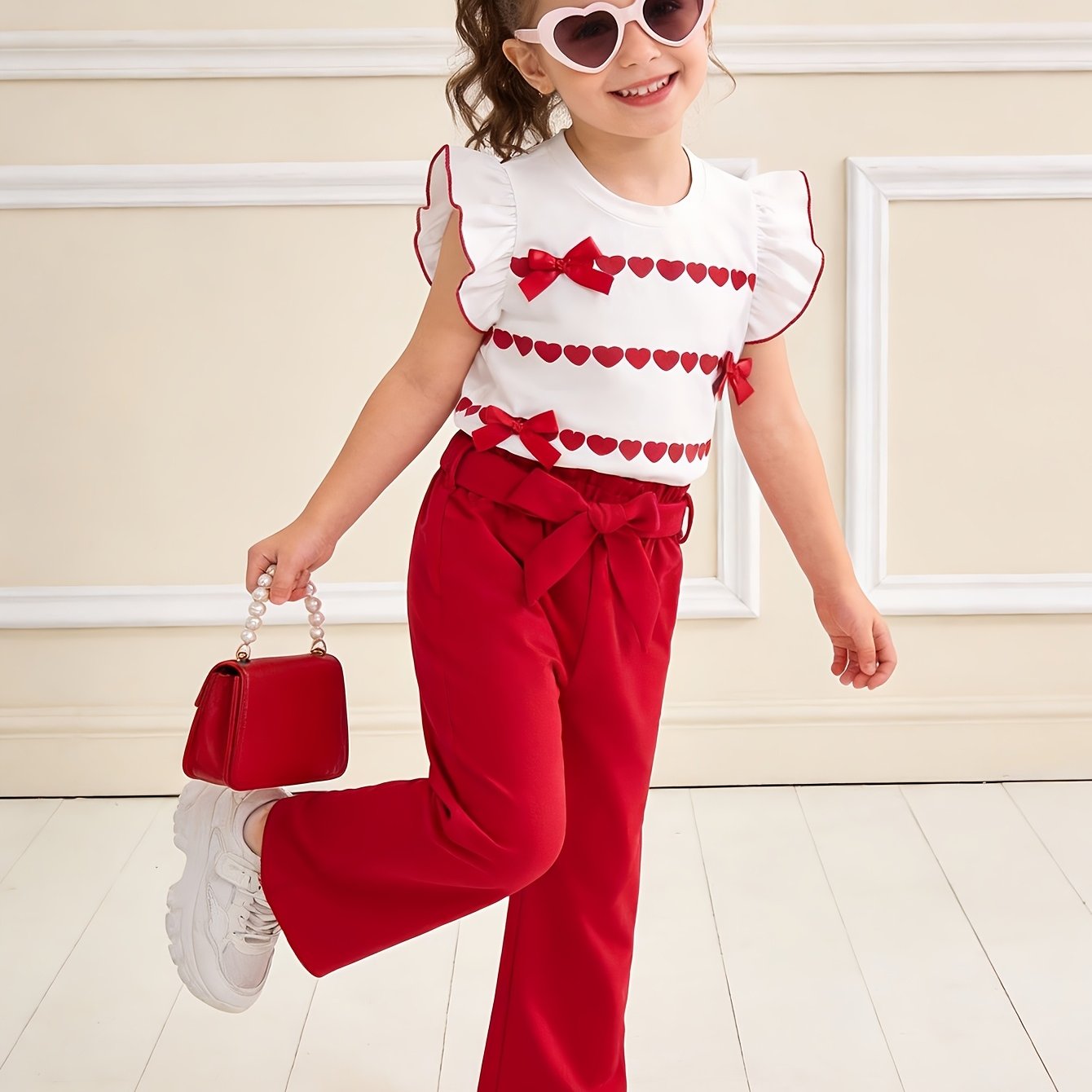 Image of Girls' Casual Leisure Outing Fashion Heart Print Pattern 3d Bow Decor Sleeveless Top And Solid Color Long Pants 2pcs Set With Belt, Spring Summer, For Outdoor