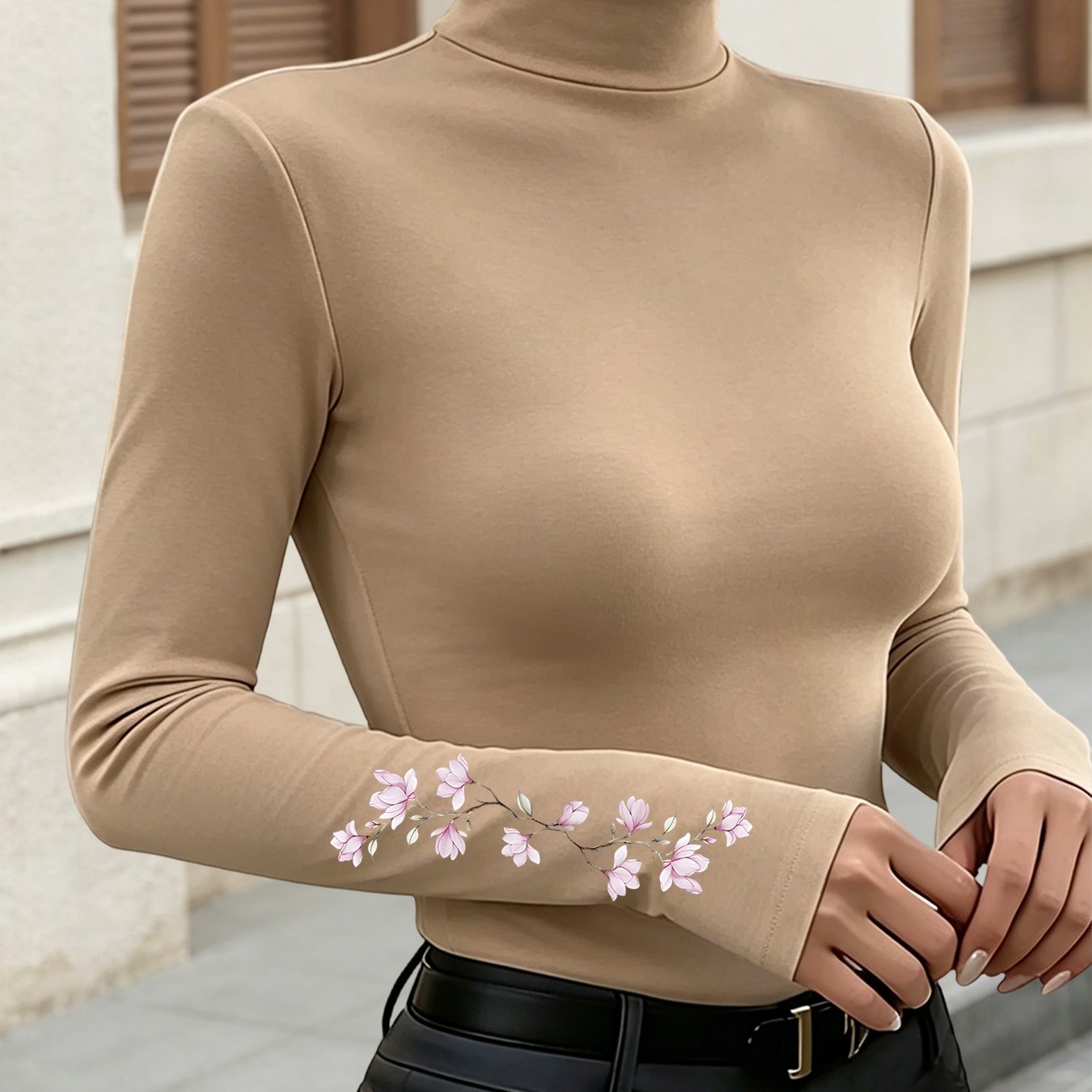 TEMU High-neck Long-sleeve Slim- Layer Top For Women, Magnolia Branch Print, Gentle And Elegant, Versatile And Fashionable