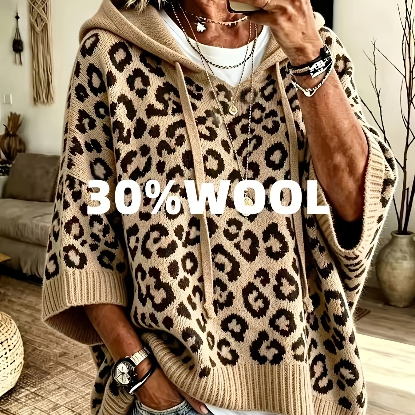 TEMU Book -directional Women's Leopard Jacquard Craft Hooded Sweater,   Bohemian Light Retro, Autumn/winter Style