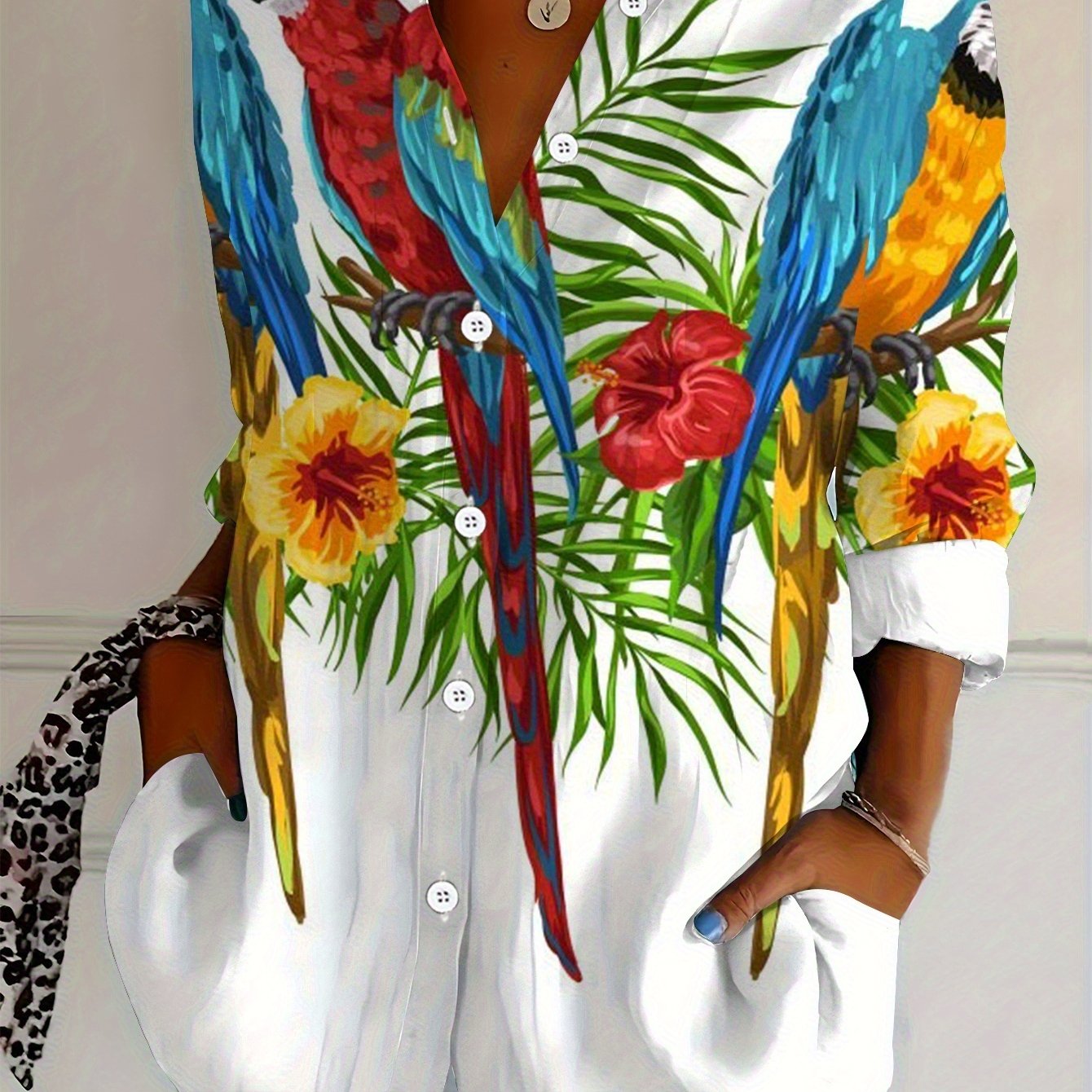 TEMU Chemise à manches longues grande taille pour femmes, chemise à imprimé perroquet, chemise mi-longue style tropical pour femmes, chemise