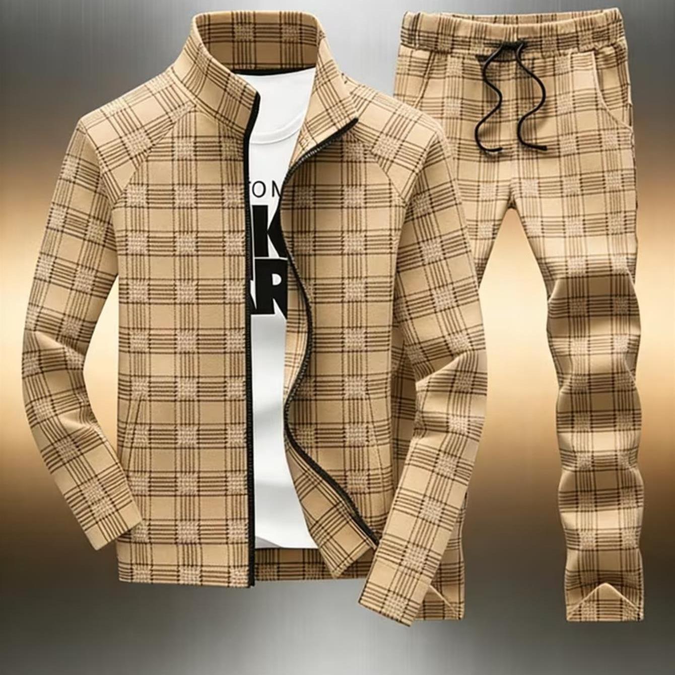 Image of Stand Collar Zip-up Men's Fashion Casual Trendy Pattern Tracksuit Set Men's Wear For Adults Men Fall Winter Casual Wear Street Style Outfit