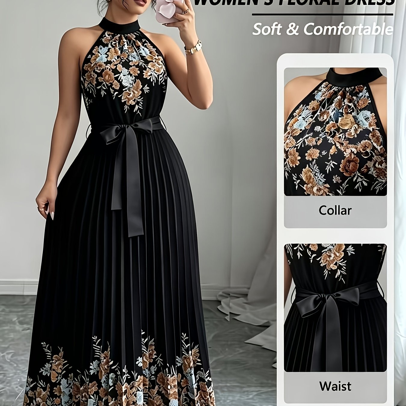 TEMU Vestido maxi acampanado plisado con estampado floral para mujer y cinturón , vestido formal para , fiestas nocturnas y citas, ideal para