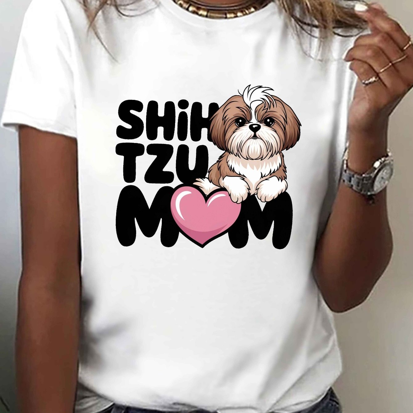 TEMU T-shirt pour femme SHIH TZU MOM - Imprimé de chien, manches courtes, col rond, haut décontracté, vert avec motif cœur, parfait pour et l'été,