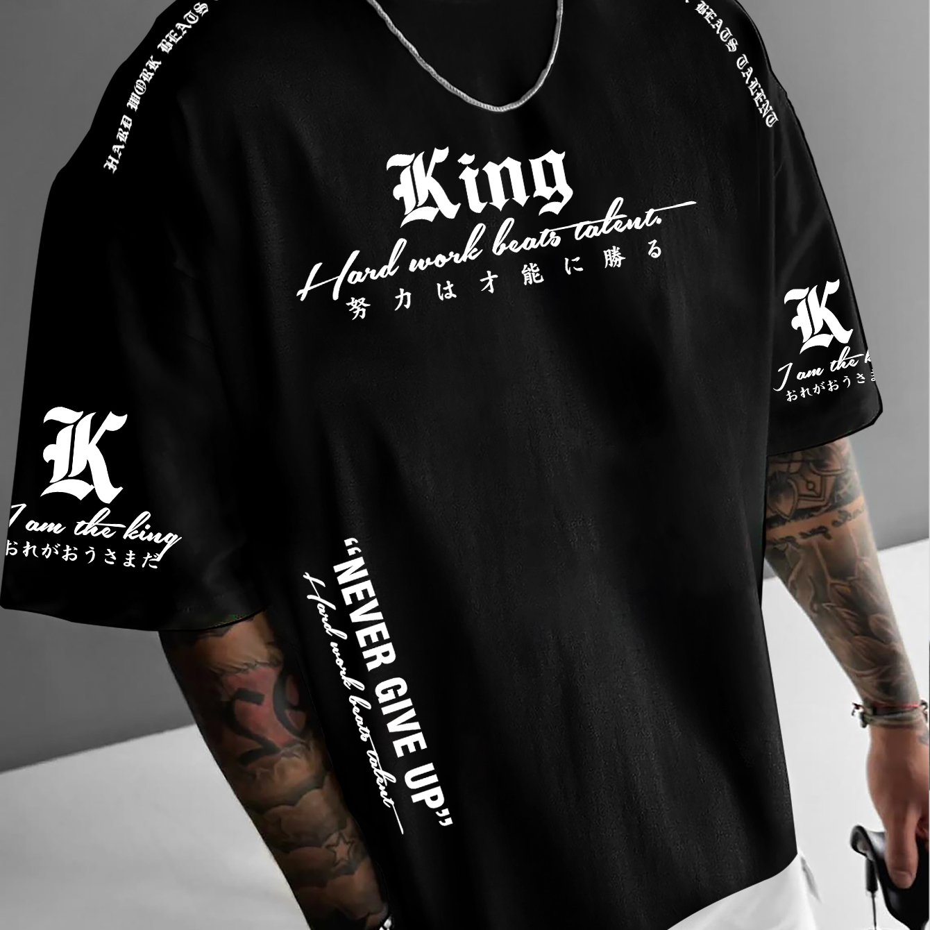 TEMU Men's Trendy T-shirt, English And Japanese Calligraphy Combined Print, Casual All-match