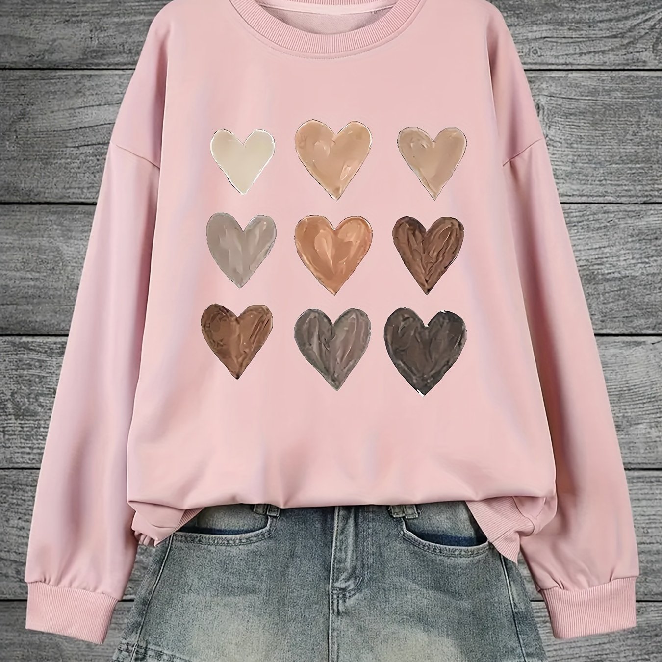 TEMU Plus Size Heart Print Sweatshirt, Crew Neck Casual Sweatshirt For Fall & Spring, Women's Plus Size Clothing