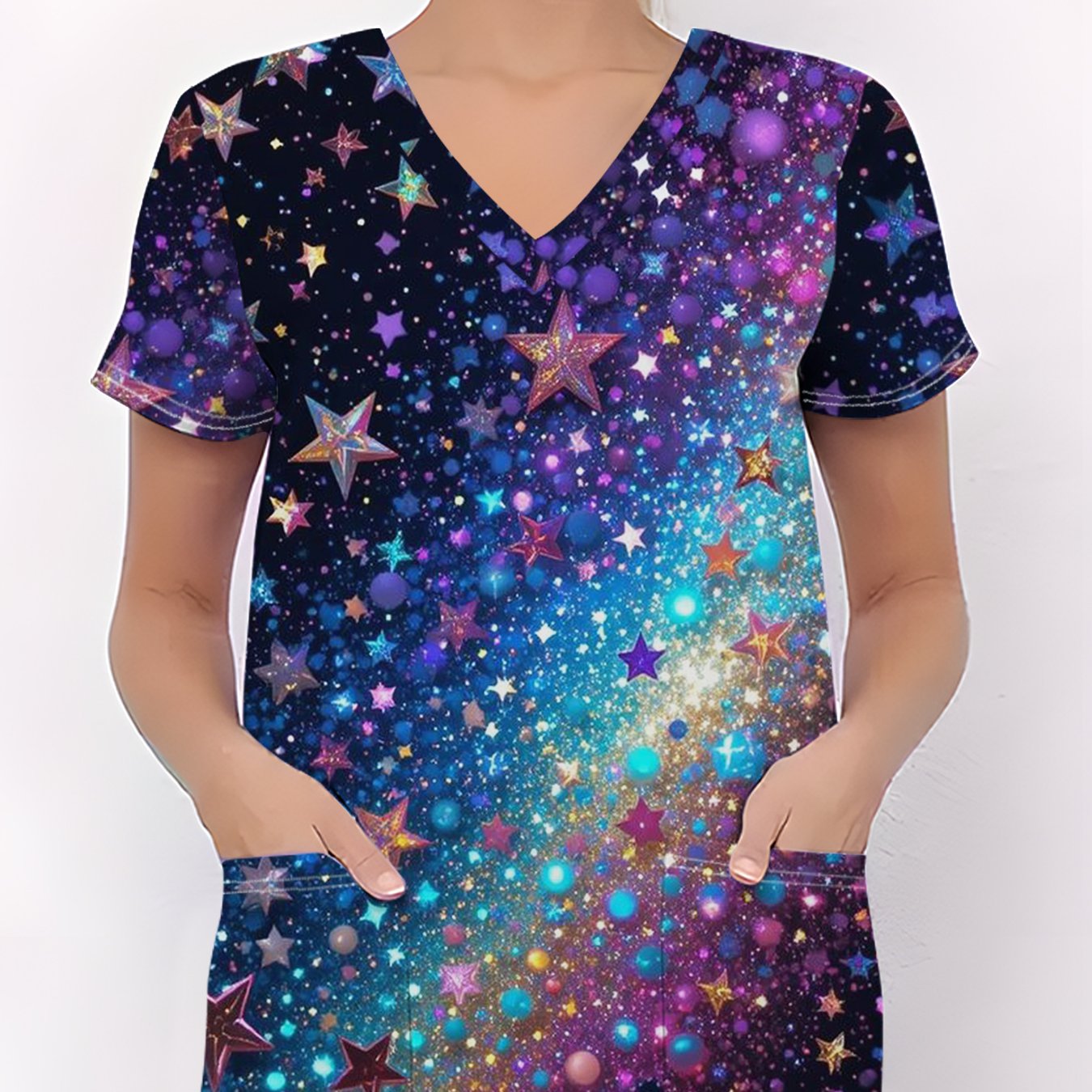 TEMU Plus Size, Women's T-shirt, Women's Nurse Uniform, Starry Sky With Stars Background, Sparkling Colorful Universe Scene, Functional Women's Nurse